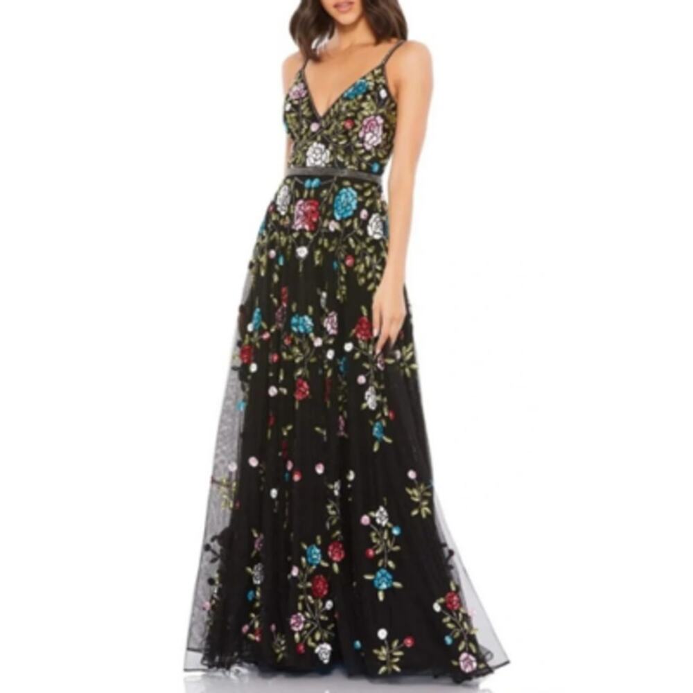 Mac Duggal 5400 Embroidered Beaded Floral Gown Black Multi Size 8 NEW Formal